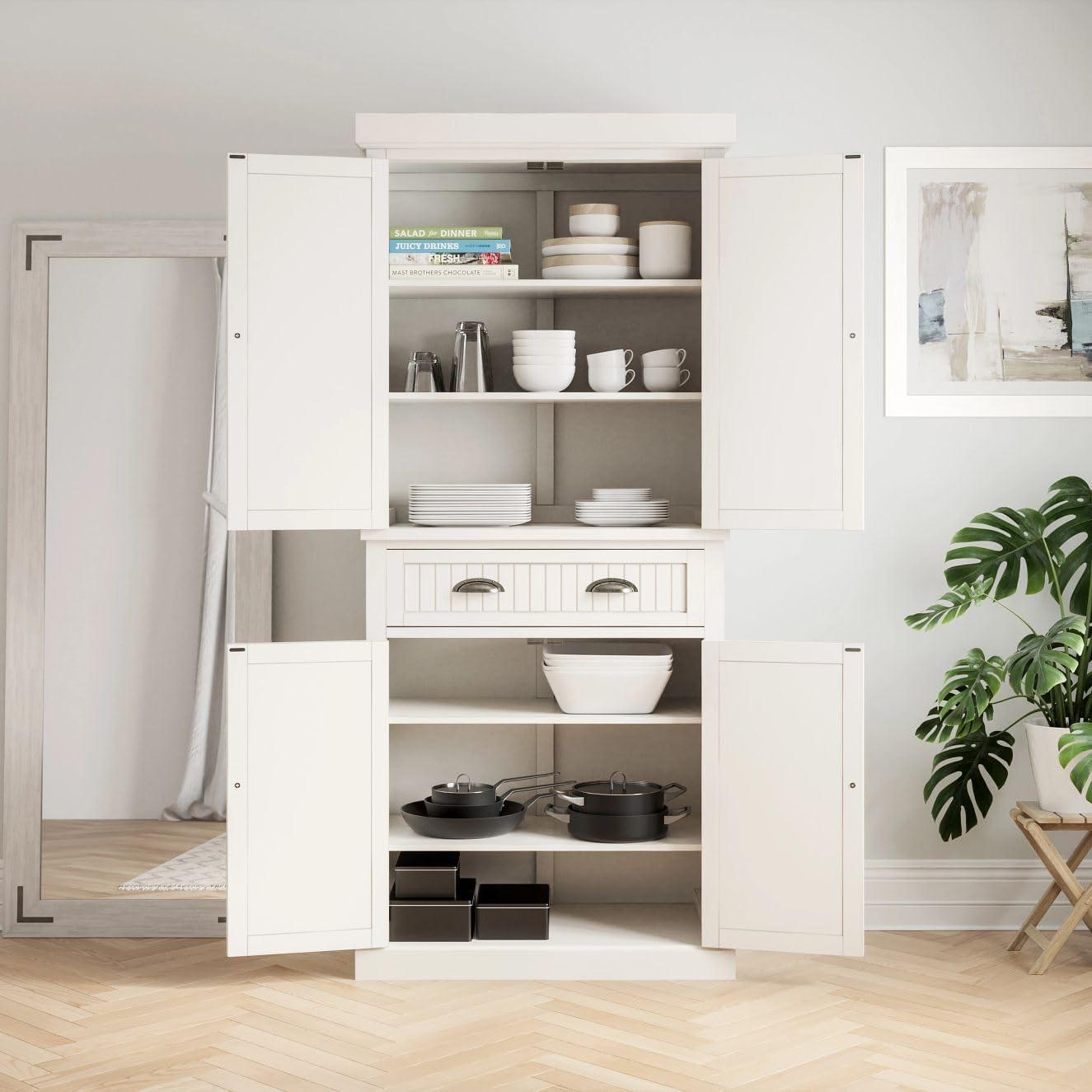 Nantucket Pantry Off White - Homestyles: Coastal Style Storage, 4-Door Hardwood Cabinet with Adjustable Shelves