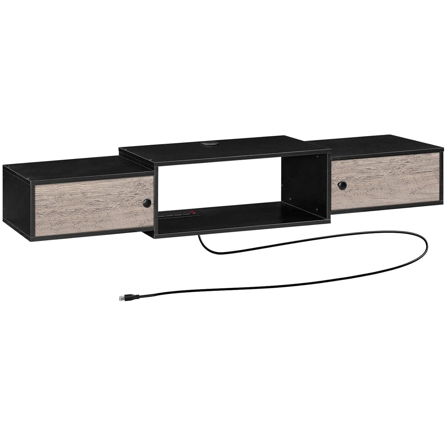 Floating TV Stand with Power Outlet 55", Modern Wall Mounted Media Console Shelf Cabinet for Under TV Storage, Entertainment Center, Living Room, Bedroom, Rustic Brown and Black BF11DS01