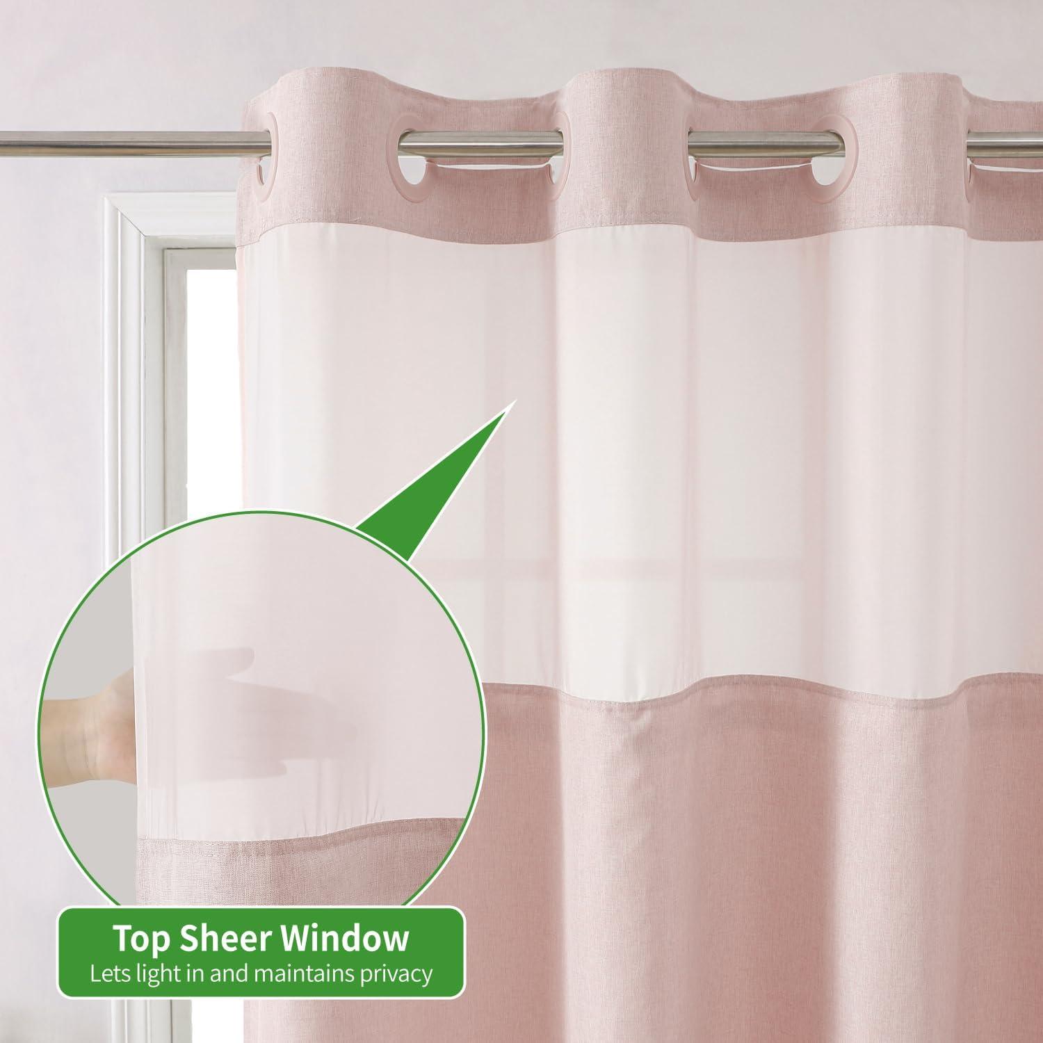 No Hooks Needed Linen Textured Shower Curtain with Snap-in Fabric Liner Set,with Mesh Top Window