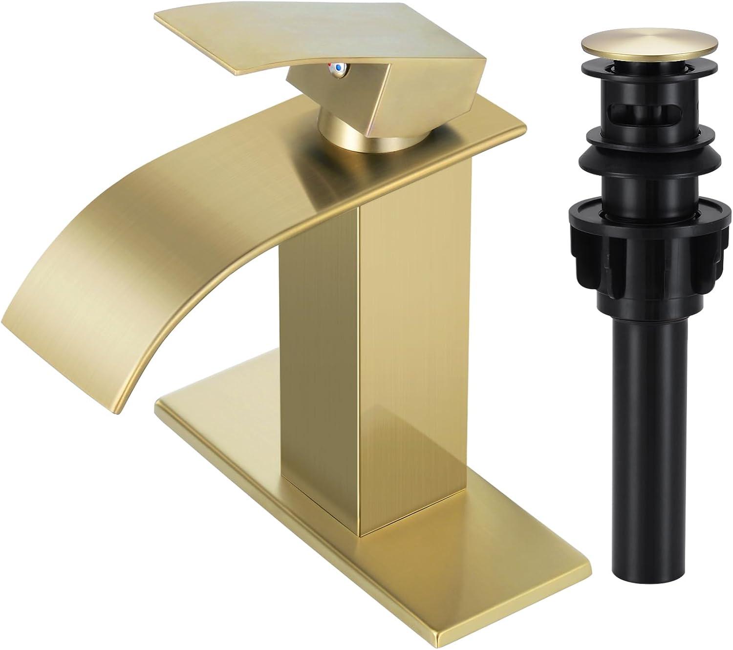 WOWOW Brushed Gold Waterfall Bathroom Faucet  Single Handle Faucet for Bathroom Sink