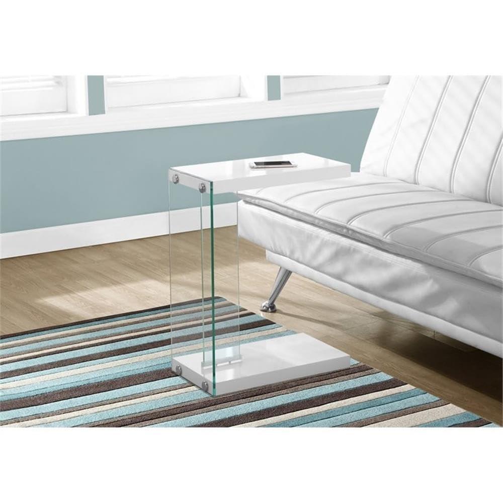 Accent Table C-shaped End Side Snack Bedroom Tempered Glass Glossy White