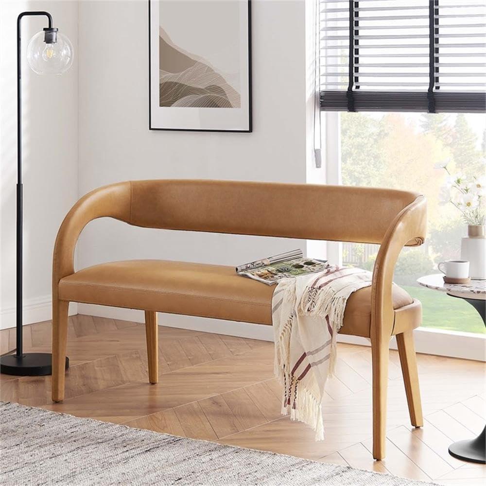 Tan Vegan Leather Curved Backrest Accent Bench