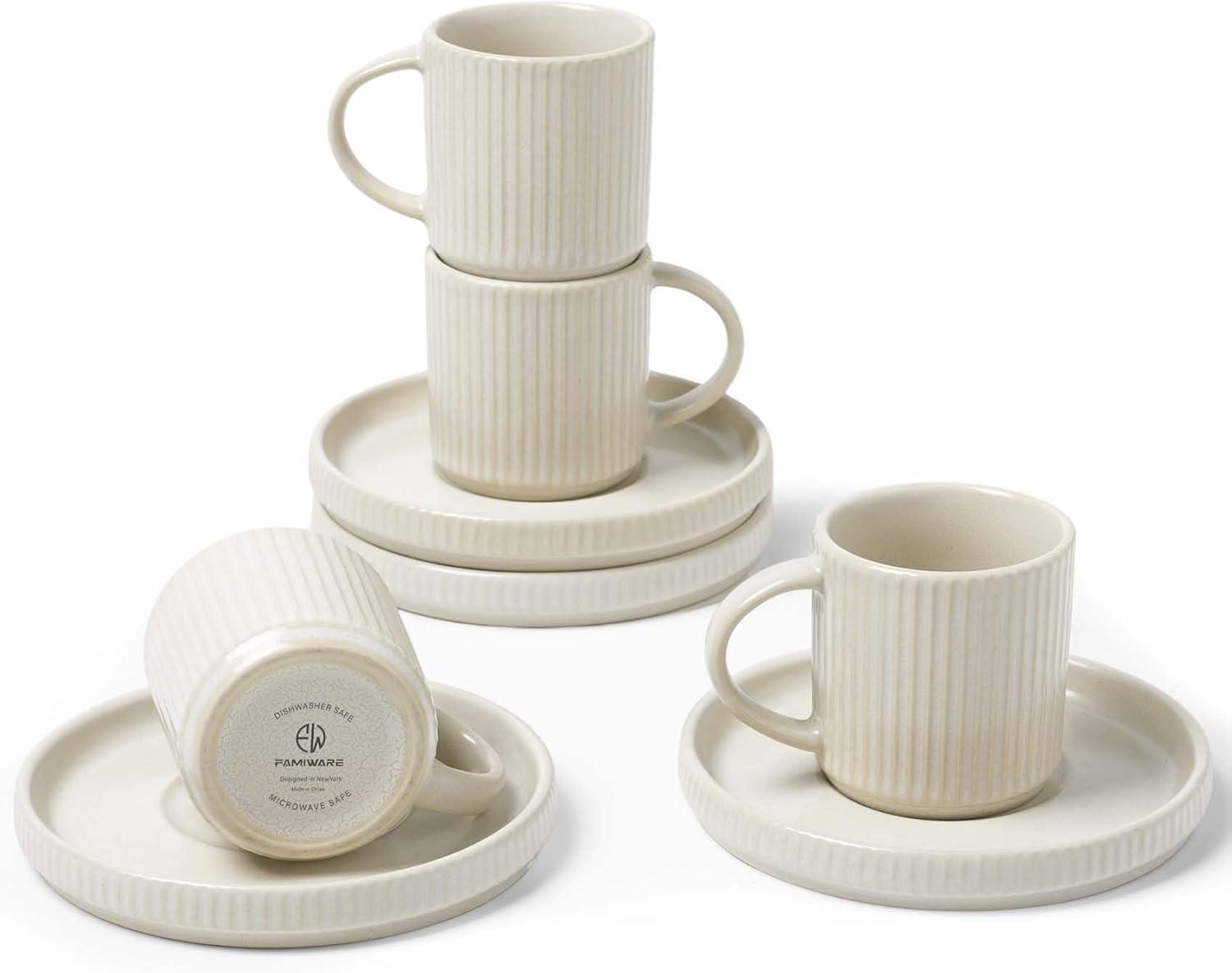 FAST APPLIANCES LLC Espresso Cups And Saucers Set Of 4, [ Mini ] 3 Oz Ceramic Small Coffee Mug With Handle, Ribbed Stoneware Demitasse Cup For Tea, Latte - Microwave & Dishwasher Safe - Matte White