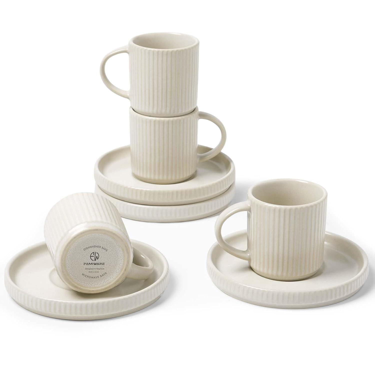 FAST APPLIANCES LLC Espresso Cups And Saucers Set Of 4, [ Mini ] 3 Oz Ceramic Small Coffee Mug With Handle, Ribbed Stoneware Demitasse Cup For Tea, Latte - Microwave & Dishwasher Safe - Matte White