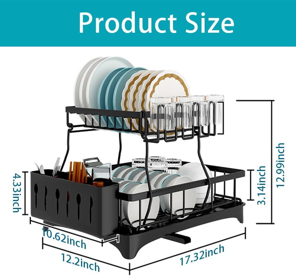 2-Tier Drying Dish Rack and Drain Board Set Utensil Holder Metal Kitchen Counter