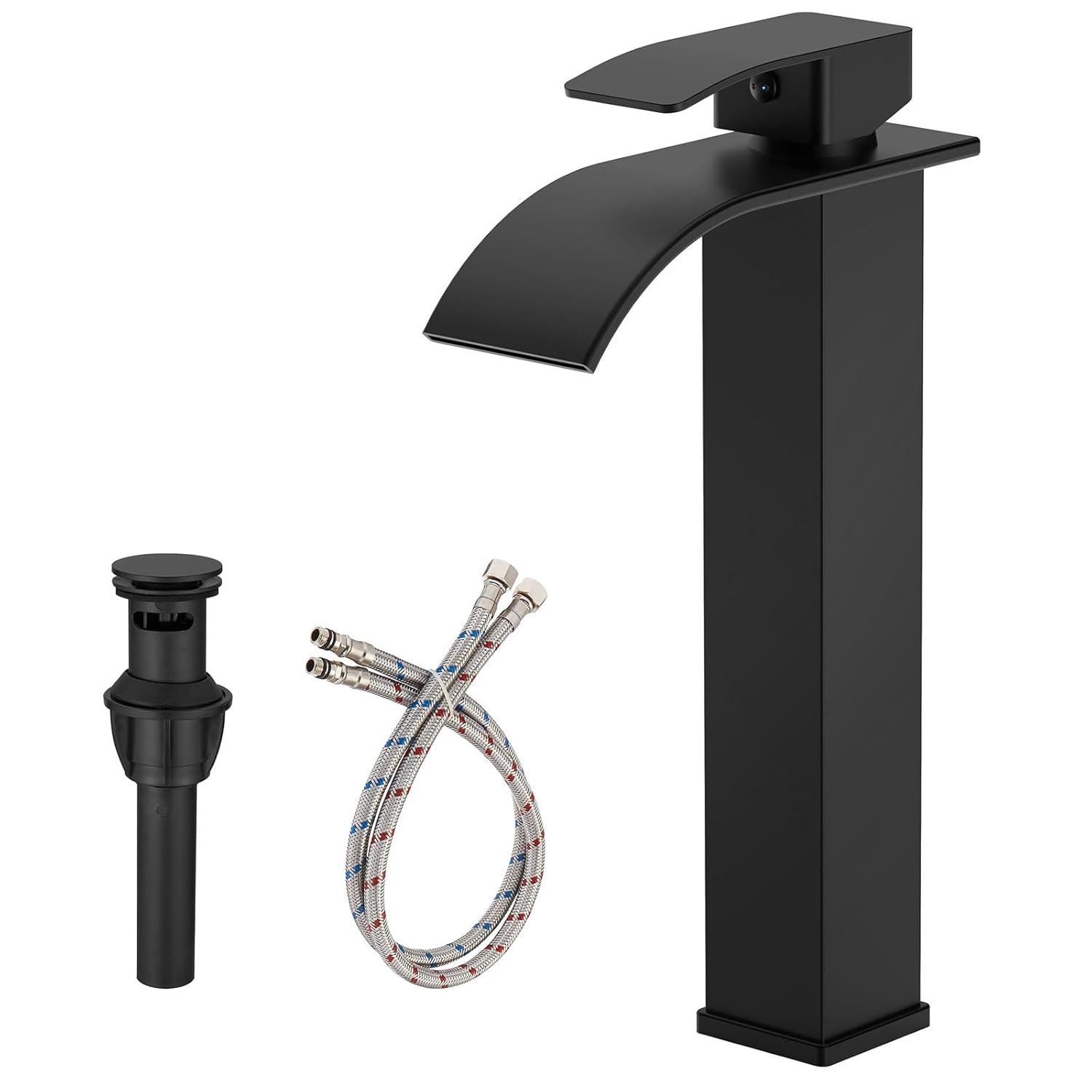 Waterfall Bathroom Faucet Single Handle，Bathroom Sink Faucet 1 Hole，Waterfall Faucet for Bathroom Sink，Vessel Sink Faucet Matte Black Tall Bathroom Faucet