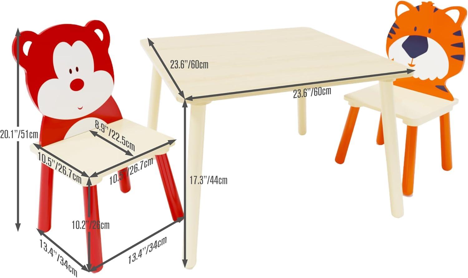 PAPROOS Kids Table and 2 Chairs Set, 3 Pieces Wood Activity Table Drawing Play Table and Animals Chairs Set, Adorable Study Desk Table Chairs Set for Toddler