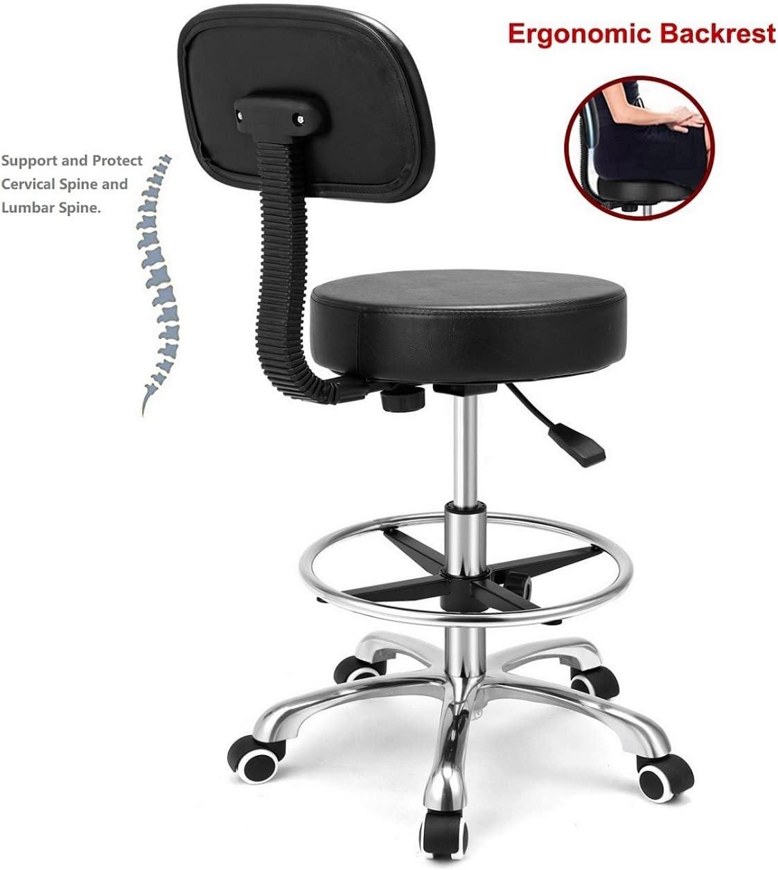 Kaleurrier Rolling Stool Salon Chair with Smooth-Rolling Wheels 360-degree Swivel Seat Heavy Duty Hydraulic Height Adjustable High Barber Cutting Stools (Black, with Backrest)