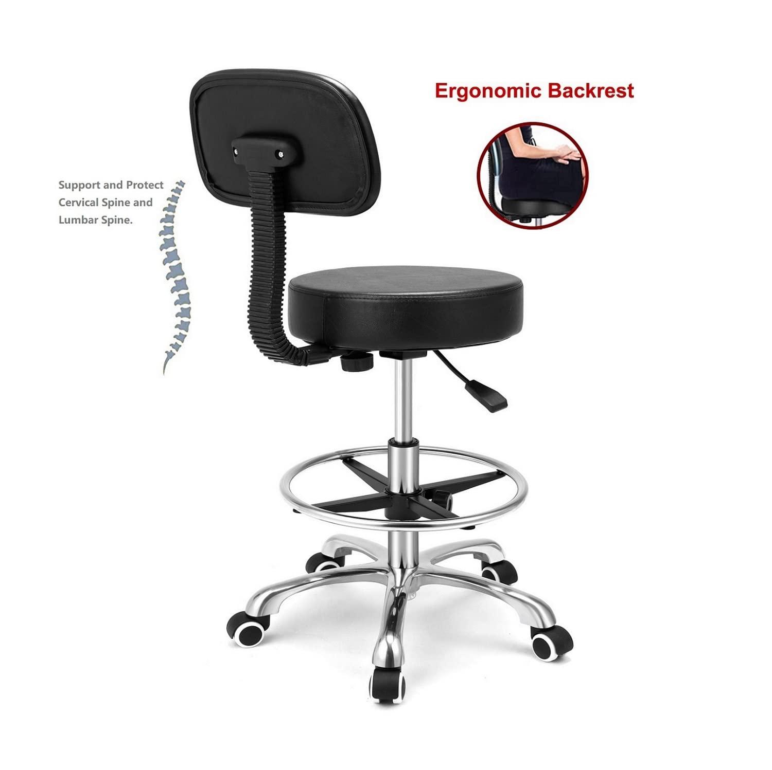 Kaleurrier Rolling Stool Salon Chair with Smooth-Rolling Wheels 360-degree Swivel Seat Heavy Duty Hydraulic Height Adjustable High Barber Cutting Stools (Black, with Backrest)