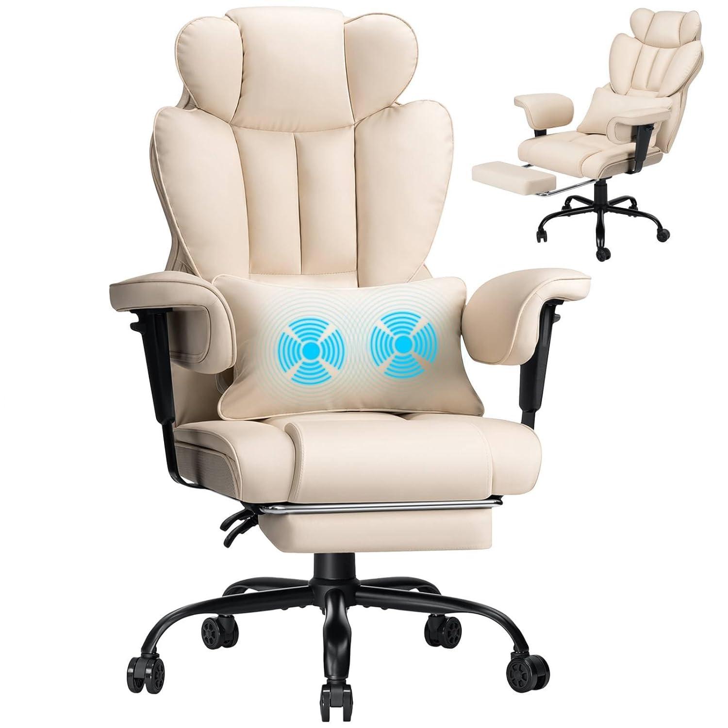 Hoffree Big and Tall Office Chair 450lbs, Executive Computer Desk Chair with Massage Ergonomic  Leather Chair with Footrest Reclining Desk Office Chair with Lumbar Support for Home Office