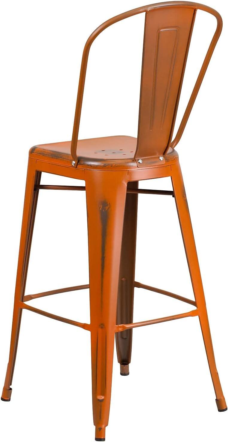 Flash Furniture Commercial Grade 30" High Distressed Orange Metal Indoor-Outdoor Barstool with Back