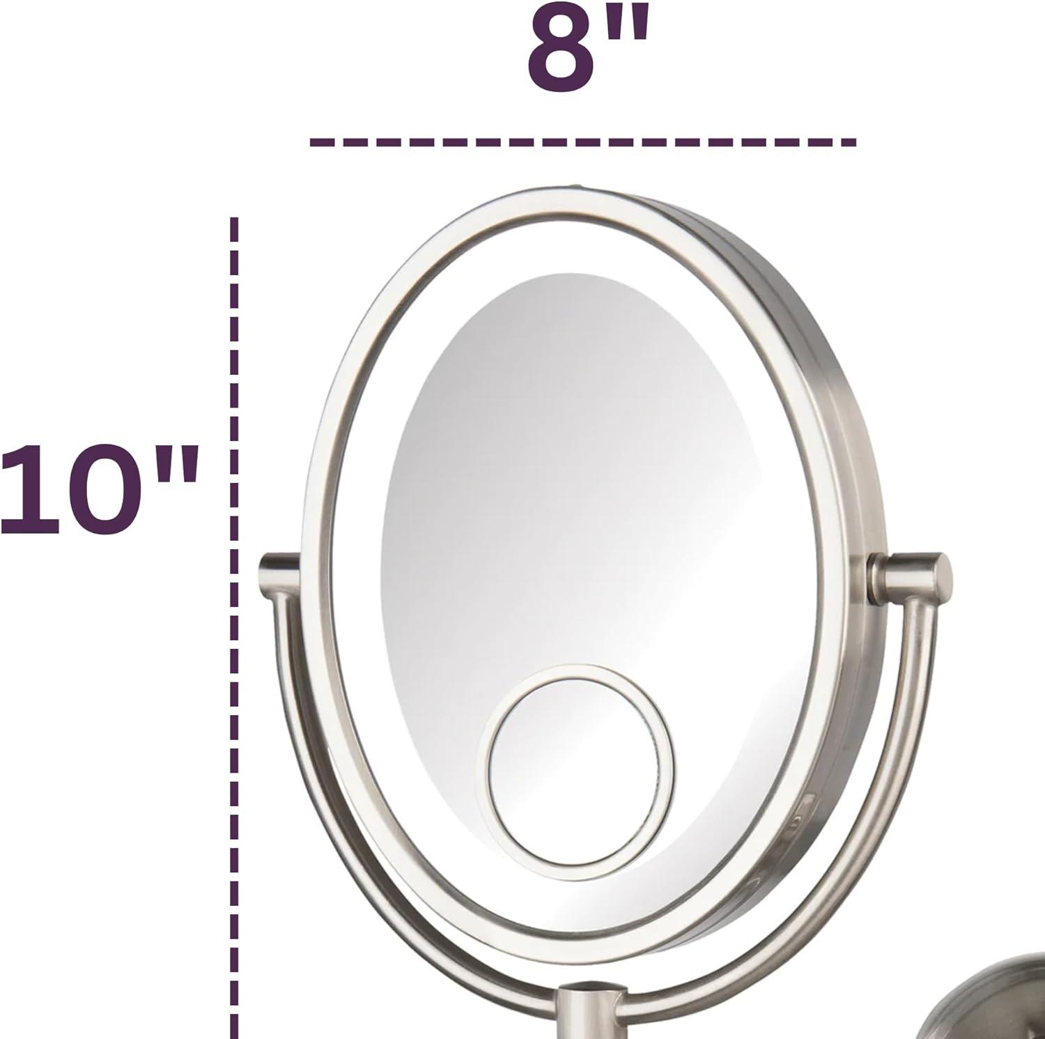 Jerdon 8 inch by 10 inch Oval Wall-Mounted Lighted Makeup Mirror with 10X-1X and 15X Spot Magnification, Nickel Finish, Direct Wire -Model HL9515NLD