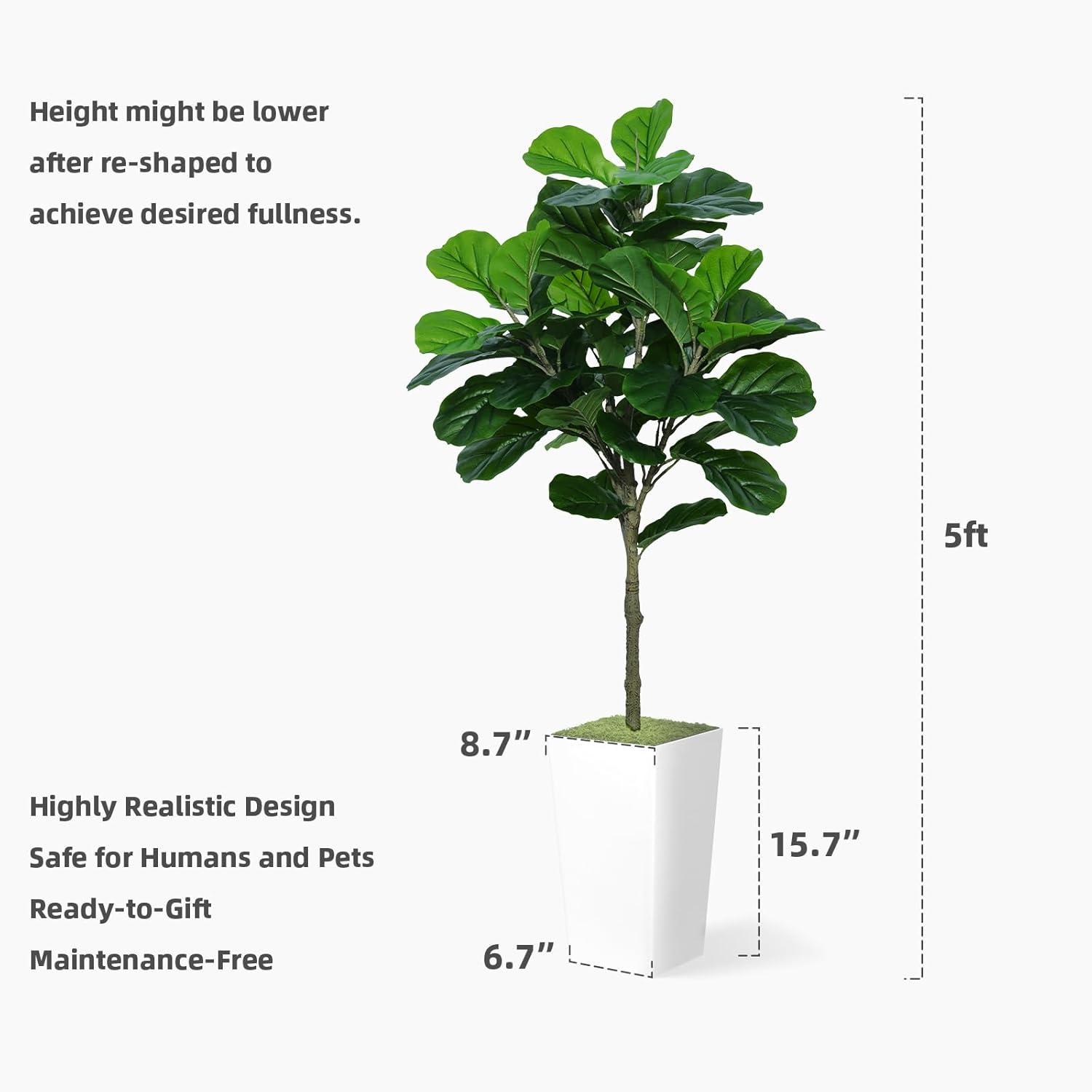 Fiddle Leaf Fig Tree Artificial 5FT - Faux Fiddle Leaf Fig Plant with Black Tall Planter - Fake Ficus Lyrata Floor Plant in Pot - Artificial Fig Tree for Home Office Living Room Decor Indoor