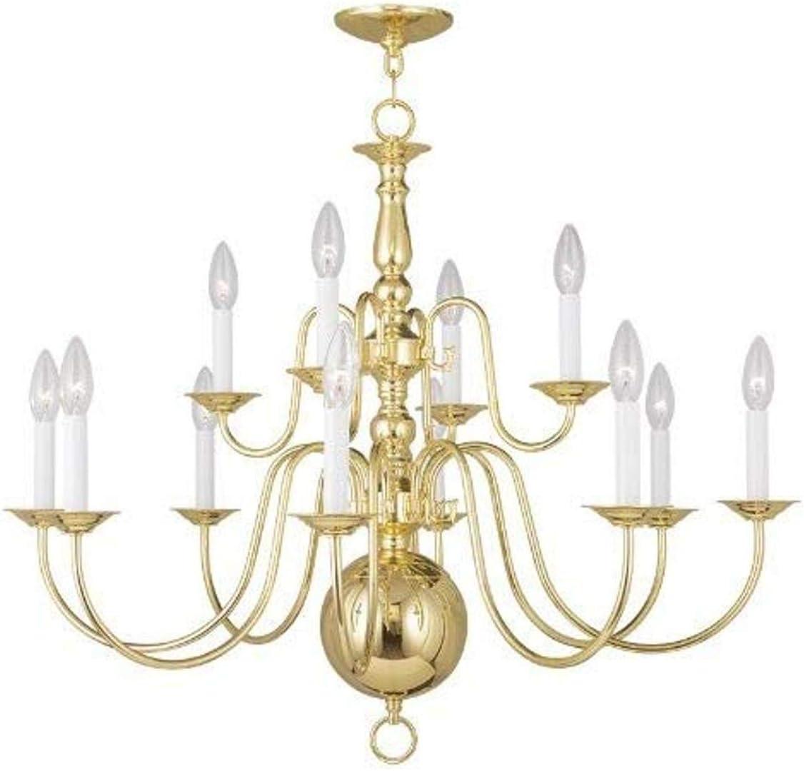 Elegant Colonial 12-Light Polished Brass Chandelier with Candelabra Base