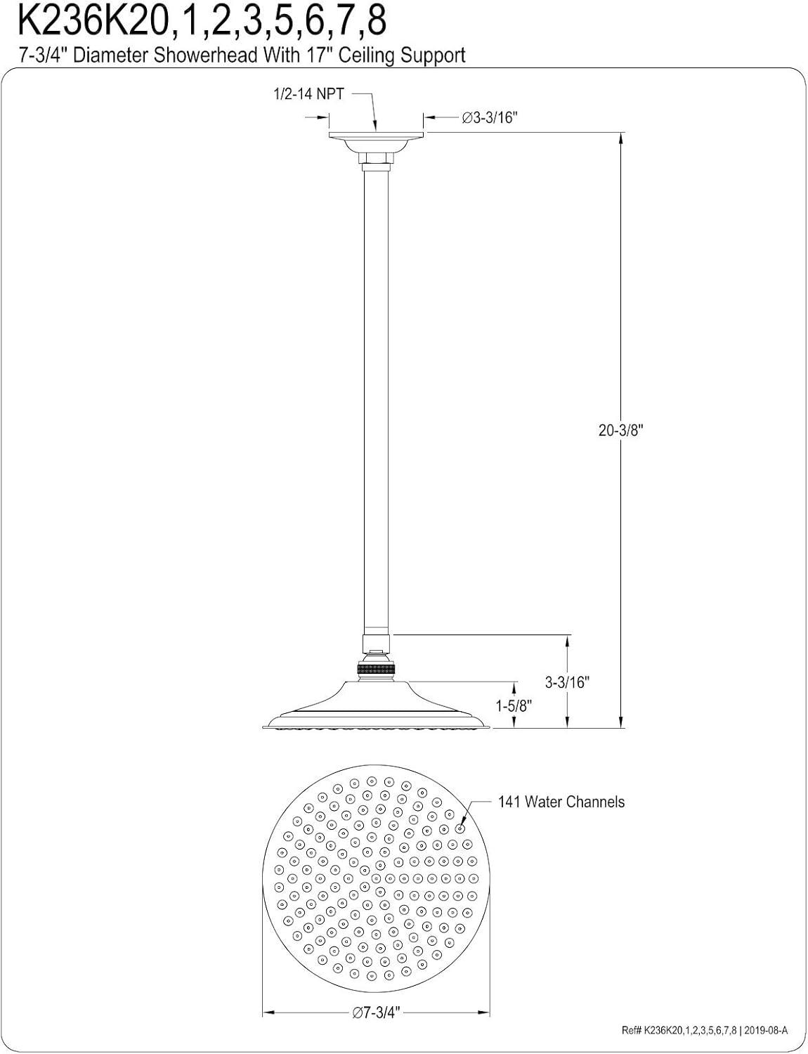 Kingston Brass Shower Scape 7-3/4-Inch Round Raindrop Brass Shower Head with 17-Inch Ceiling Mount Shower Arm