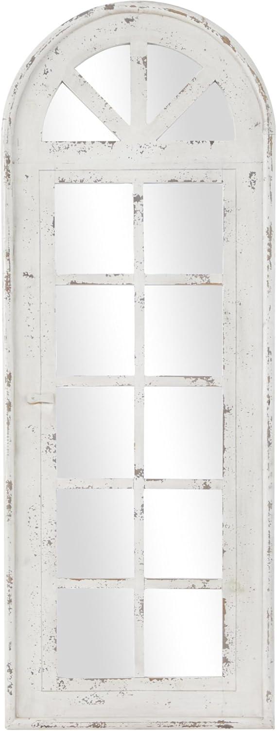 Distressed White Arched Wood Windowpane Wall Mirror