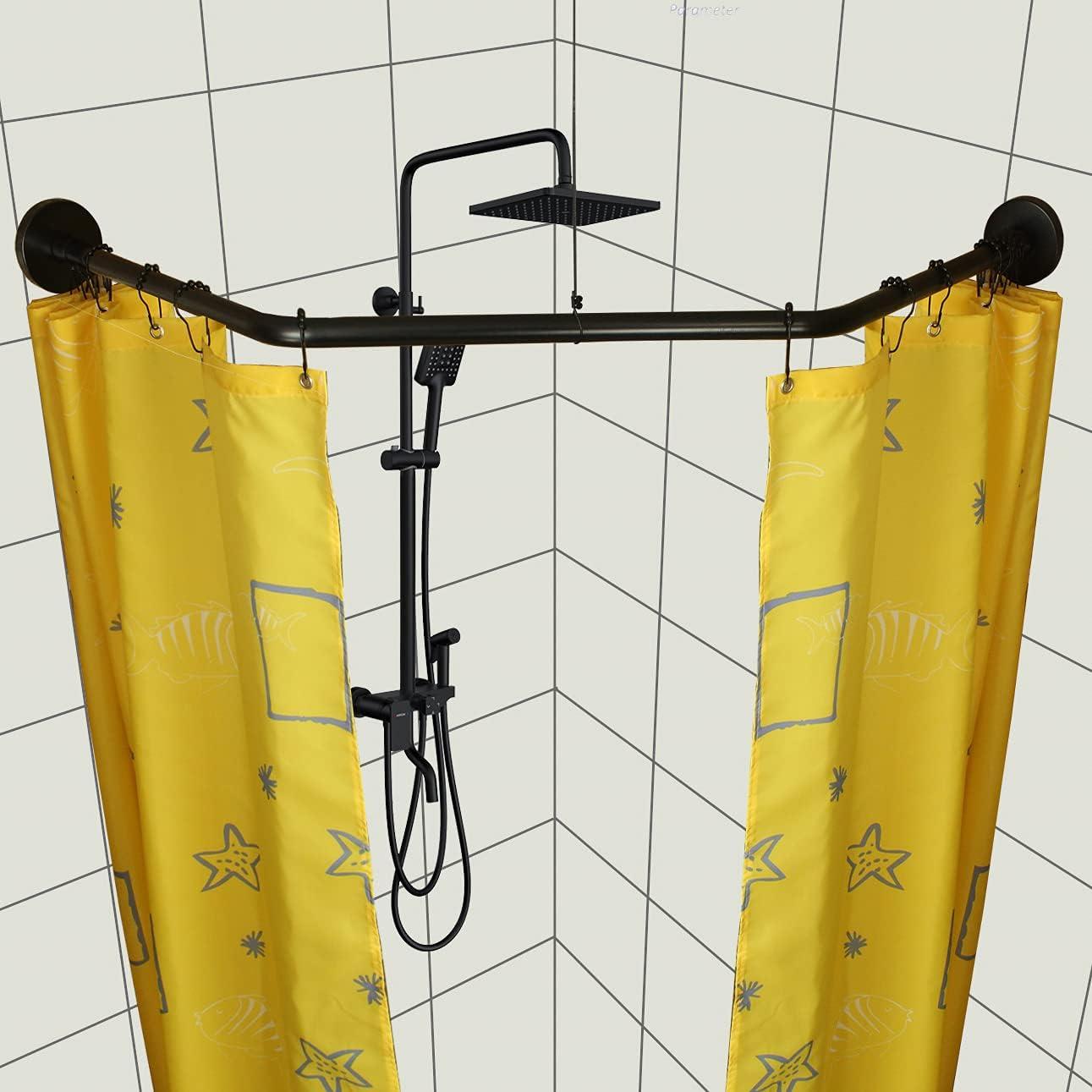 Stretchable 304 Stainless L Shaped Bathroom Bathtub Corner Shower Curtain Rod Rack(Diamond Shaped Black, Length on Both Sides: 17"-25.6",Middle Width:20"-26")