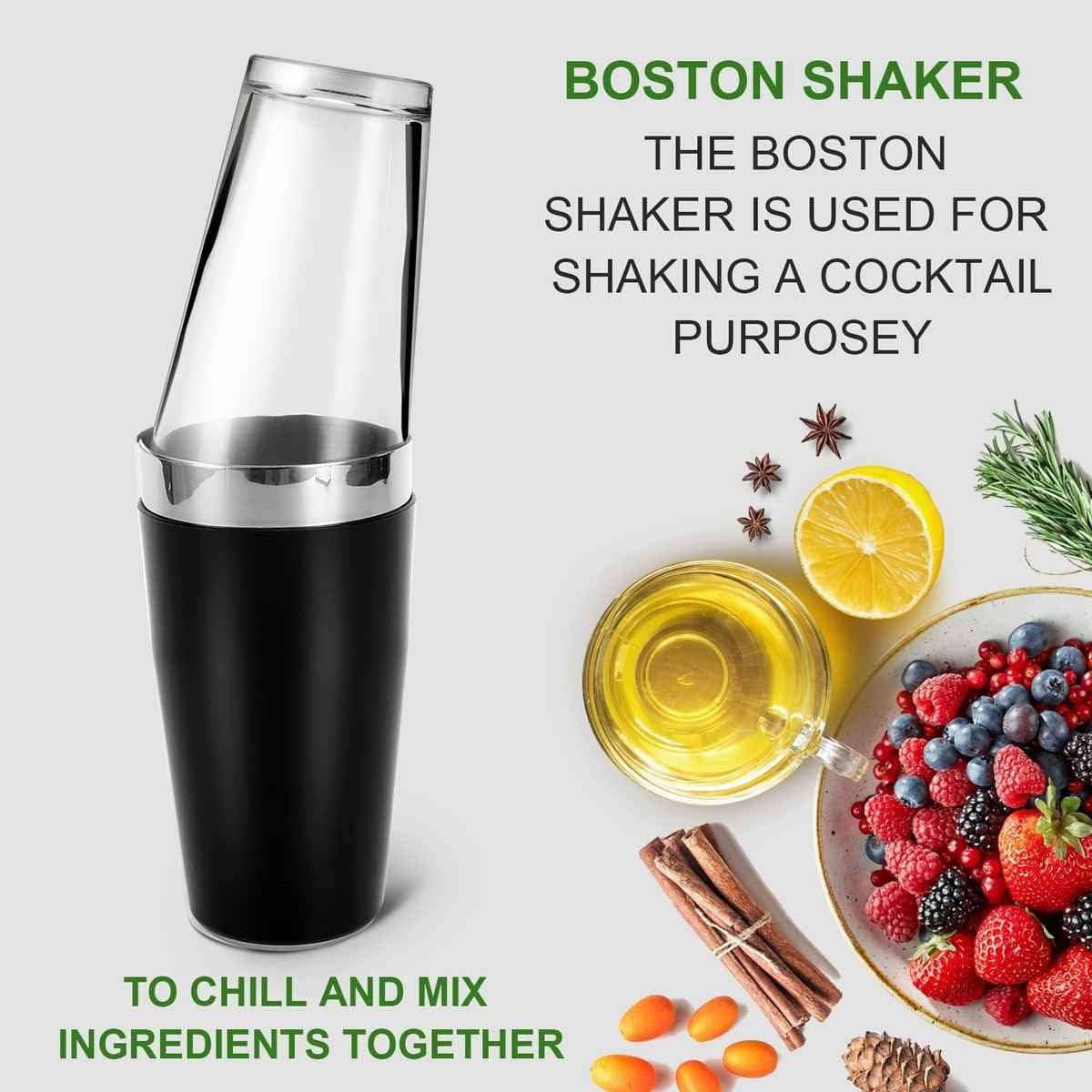 Polished Stainless Steel and Glass Boston Cocktail Shaker with Rubber Sleeve