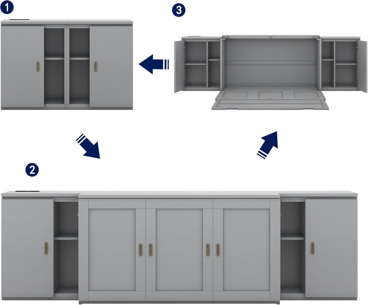 Queen Size Murphy Bed with Sockets and USB Ports, Space-Saving Wall Bed with Cabinet and Storage Shelves, Wooden Murphy Bed Frame for Bedroom, Apartment, Home Office, Can be Foldable, Gray