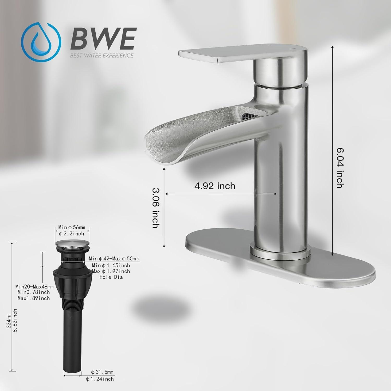 BWE Bathroom Faucets Waterfall Bathroom Faucet with Pop Up Drain for Bathroom Sink Single Hole Farmhouse RV Bathroom Basin Faucet Brushed Nickel