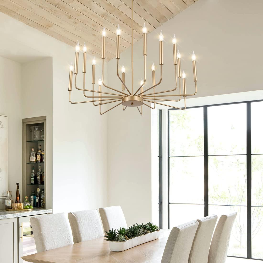 Farmhouse Gold Chandeliers for Dining Room, 16-Light Modern Candle Chandelier Light Fixture, Rustic Industrial Metal Chandeliers for Living Room, Kitchen, Staircase, Entryway, Foyer