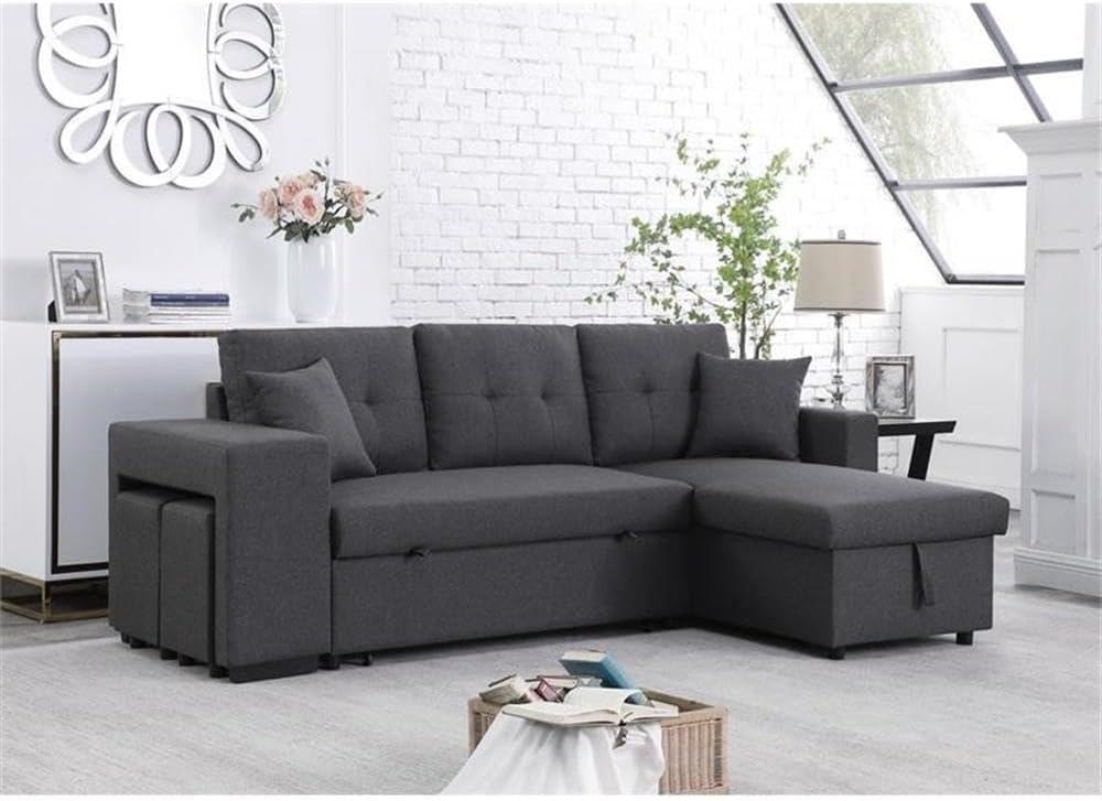 Lilola Home Linen Reversible Sleeper Sectional Sofa with Chaise Stools, Gray