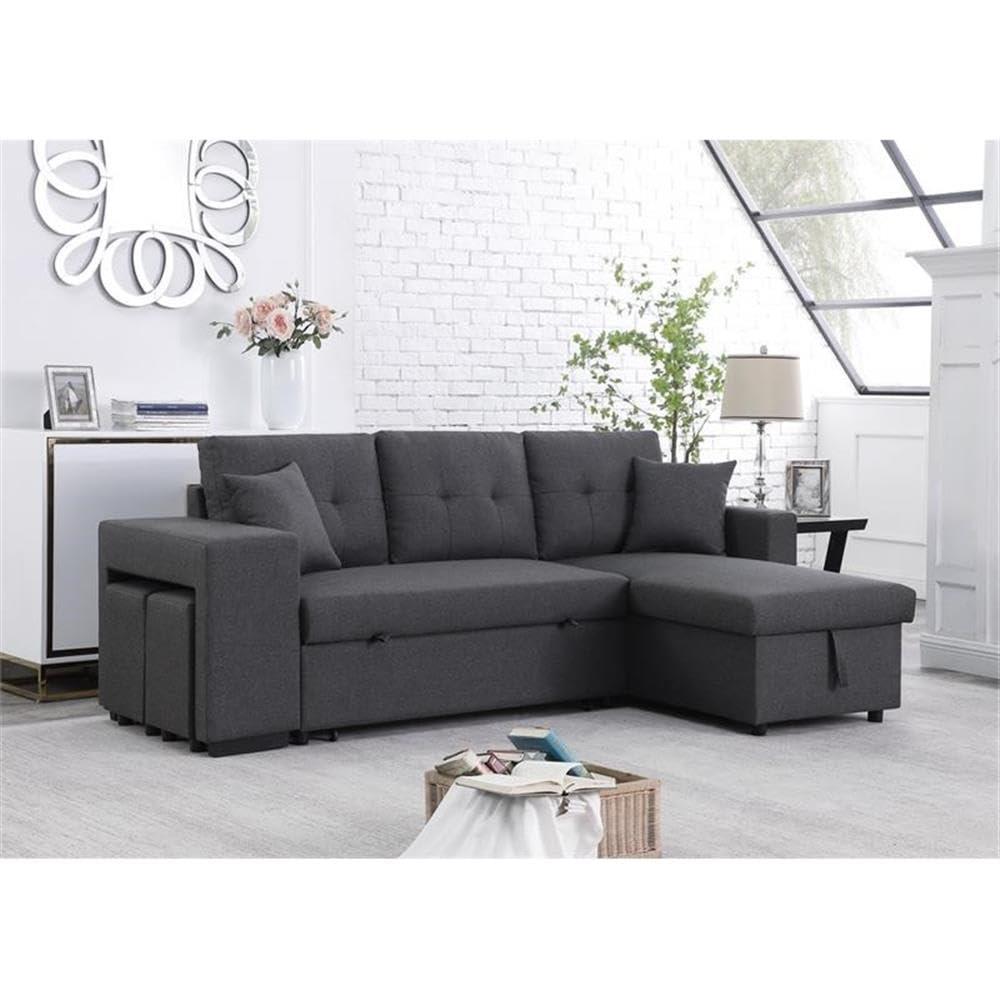 Lilola Home Linen Reversible Sleeper Sectional Sofa with Chaise Stools, Gray