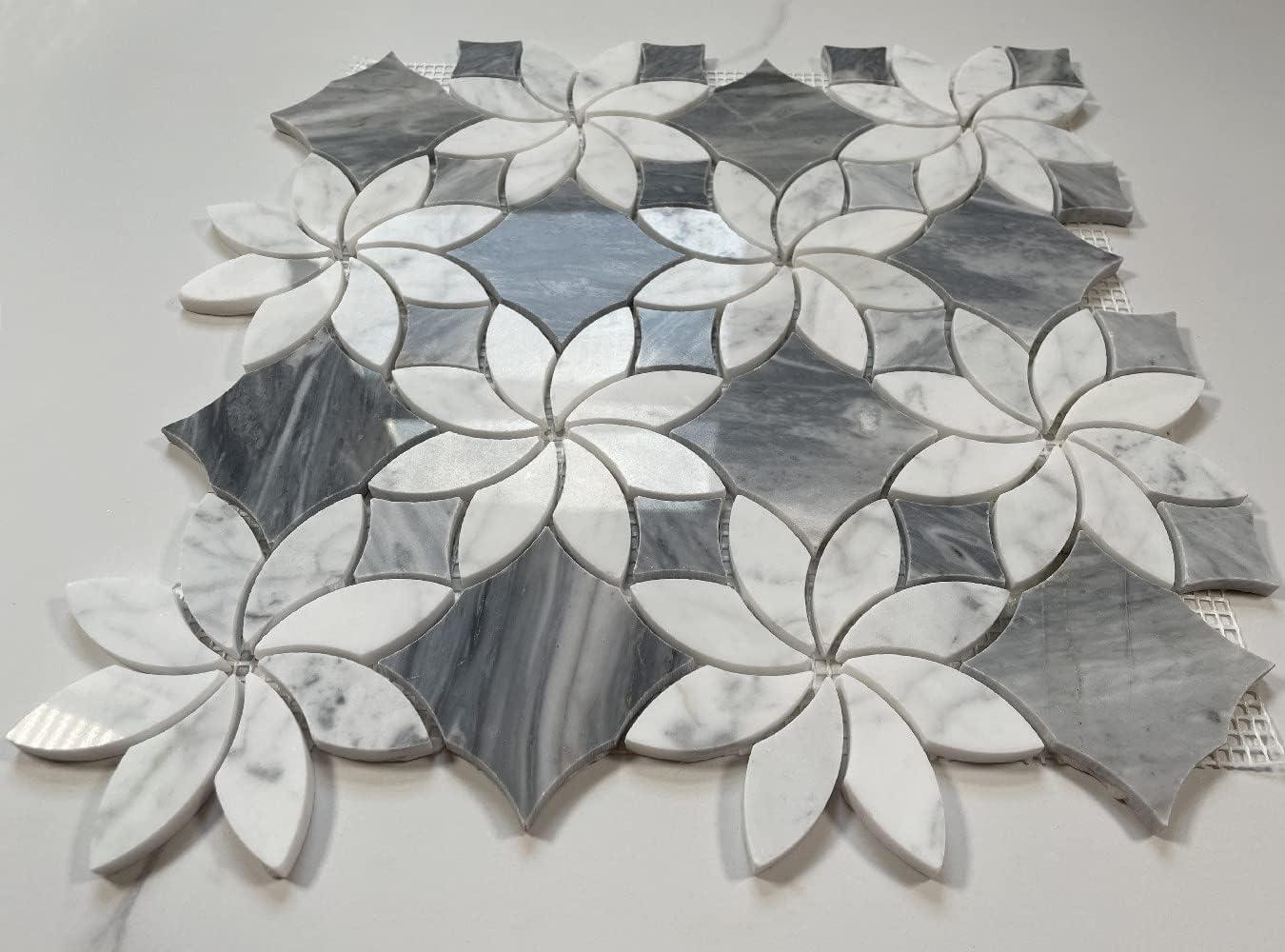 Stone Center Online Carrara White Marble Ice Flower Blossom Waterjet Mosaic Tile w/Bardiglio Gray Polished Kitchen Bath Wall Floor Backsplash Shower (1 Sheet)
