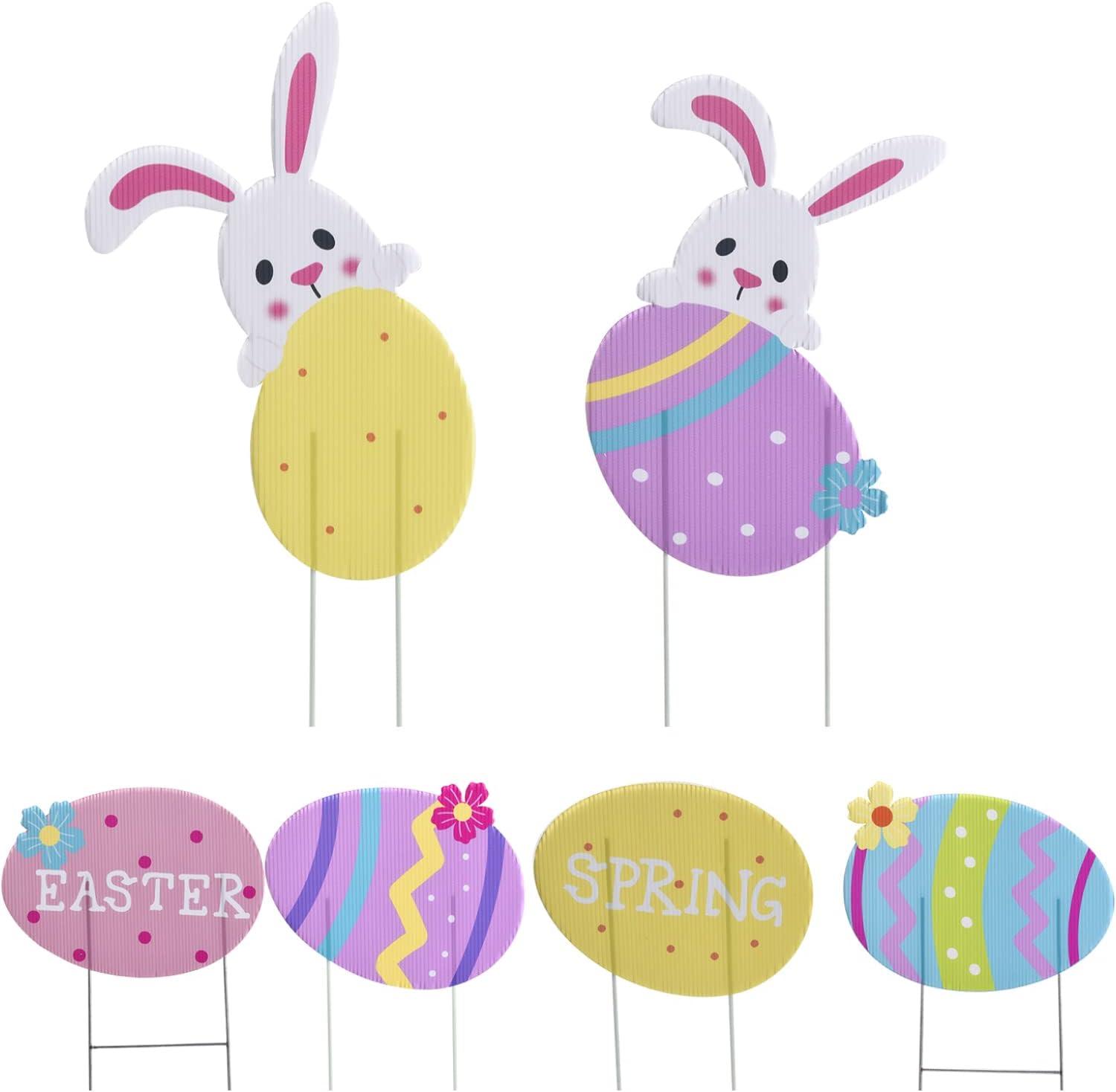 Set of 6 Easter Bunny Yard Stakes - Easter Garden Decorations with Eggs and Carrot - Hunt Signs Decor for Front Door, Garden, Patio, Lawn, Outdoor Backyard Decorations