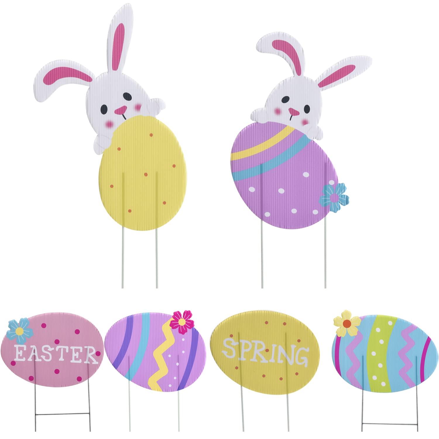 Set of 6 Easter Bunny Yard Stakes - Easter Garden Decorations with Eggs and Carrot - Hunt Signs Decor for Front Door, Garden, Patio, Lawn, Outdoor Backyard Decorations