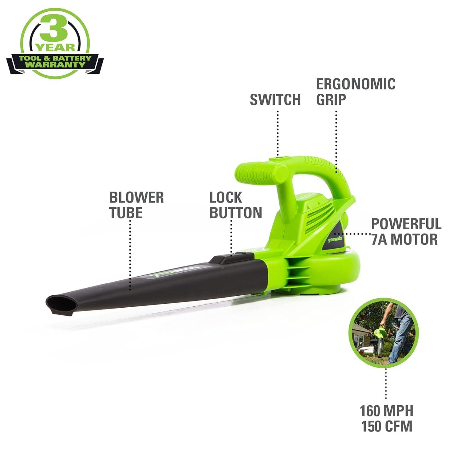 Greenworks 7 Amp 150 CFM at 160 MPH Corded Electric Leaf Blower 24012