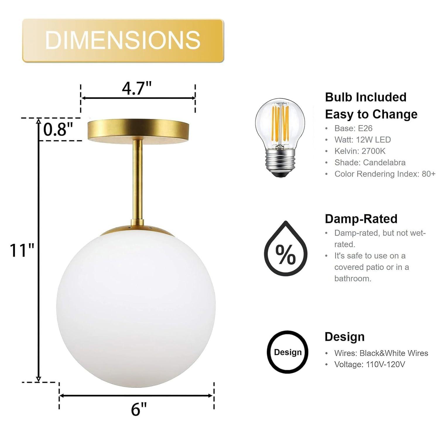 Mid Century Modern Globe Semi Flush Mount Ceiling Light Fixture Frosted Glass with Gold Brass Finish,1-Light Sphere Glass Pendant Lights for Aisle Porch Stairway Closet Kitchen Laundry Room(Bulb Incl)