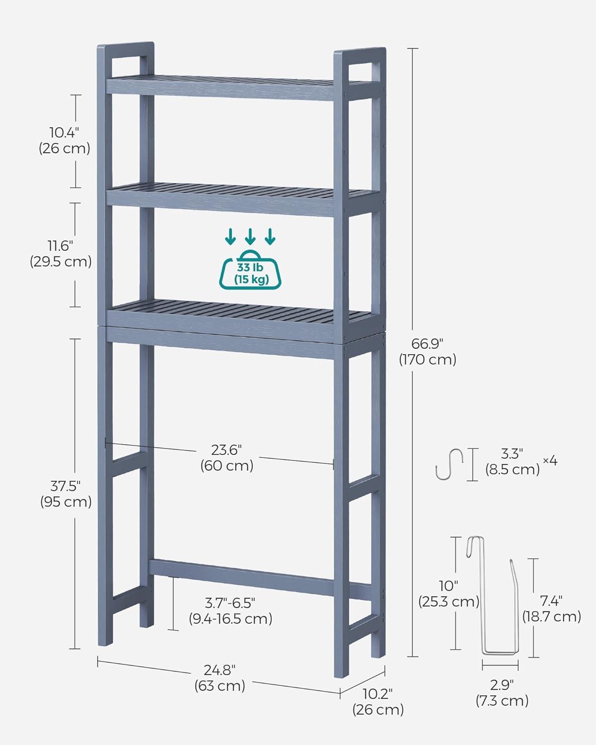 SONGMICS 3-Tier Over The Toilet Storage Bamboo Over Toilet Bathroom Organizer with Adjustable Shelf Grey