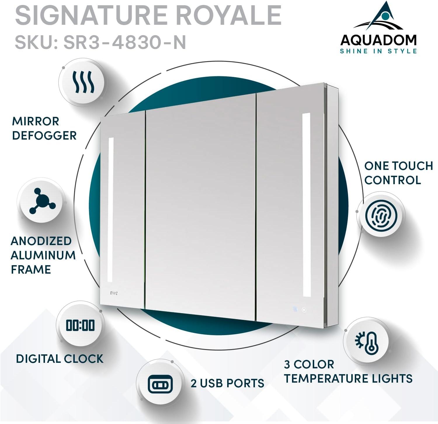AQUADOM Signature Royale LED Medicine Cabinet, Defogger, LED 3X Makeup Mirror, Electrical Outlets