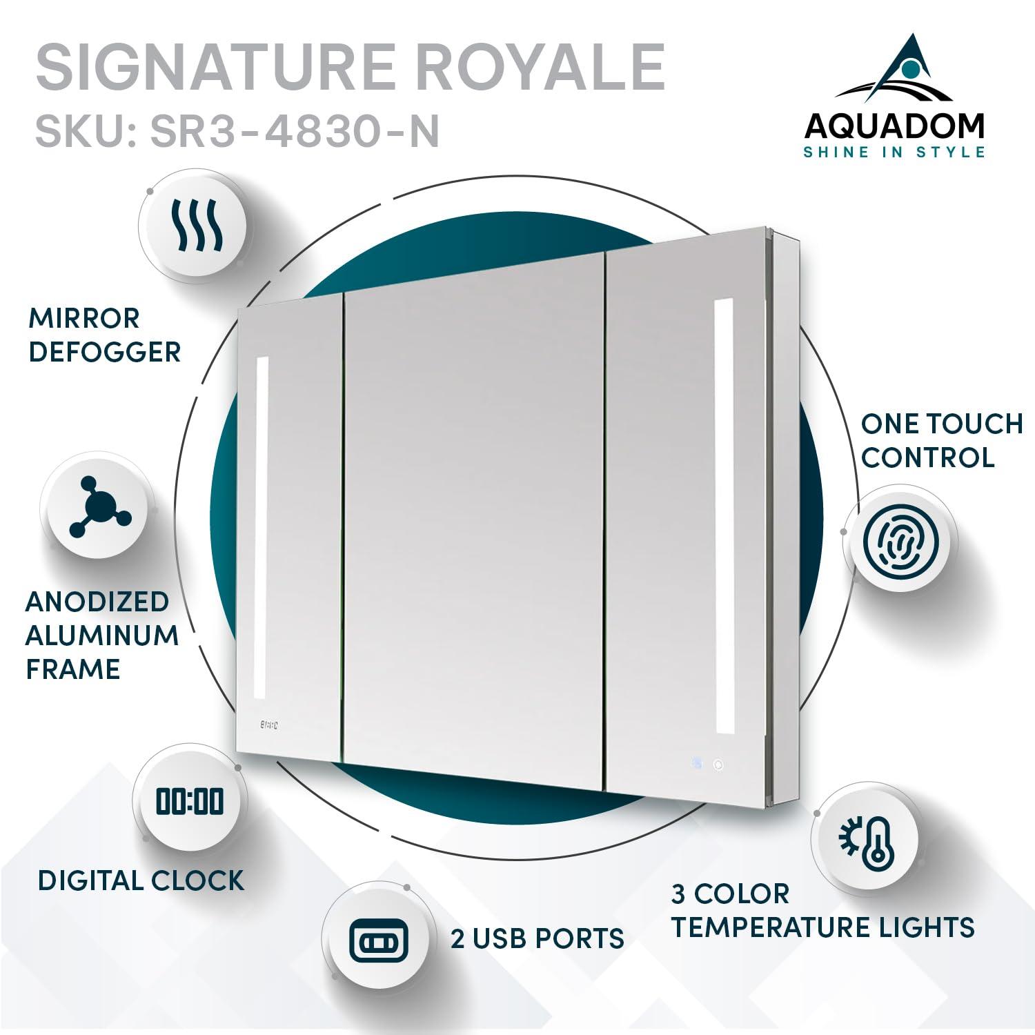 AQUADOM Signature Royale LED Medicine Cabinet, Defogger, LED 3X Makeup Mirror, Electrical Outlets