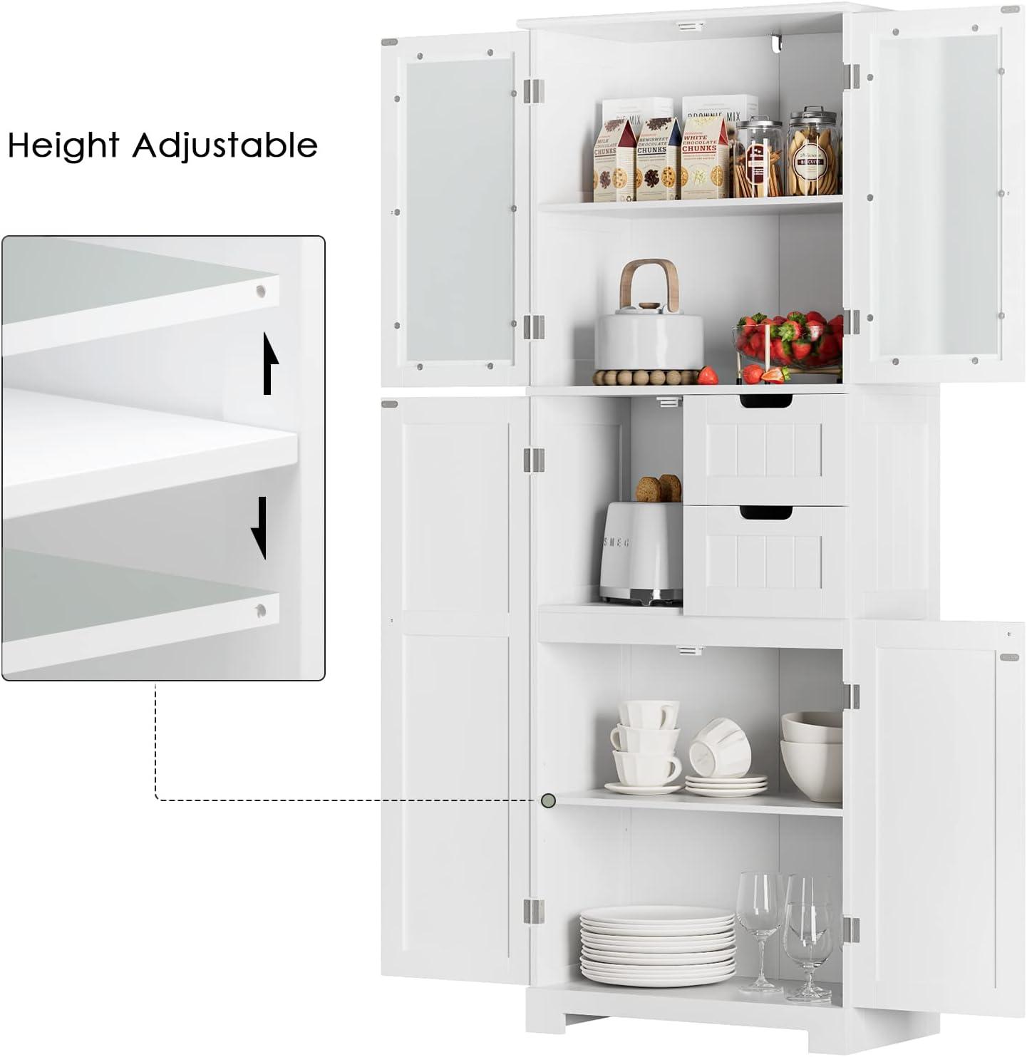 67'' Tall Storage Cabinet, Bathroom Storage Cabinet with Glass Doors and Shelves, Kitchen Pantry Cabinet with 2 Drawers for Bathroom, Living Room, Kitchen, White