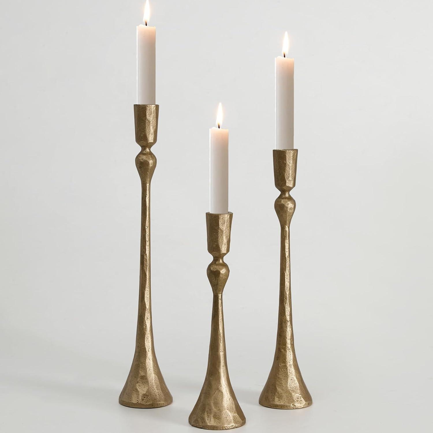 wwbo Set of 3 Exquisite Antique Brass Cast Iron Taper Candle Holders - Elegant Decorative Centerpieces for Wedding  Dining  Party - Tabletop Candlestick Holders for Christmas Decorations