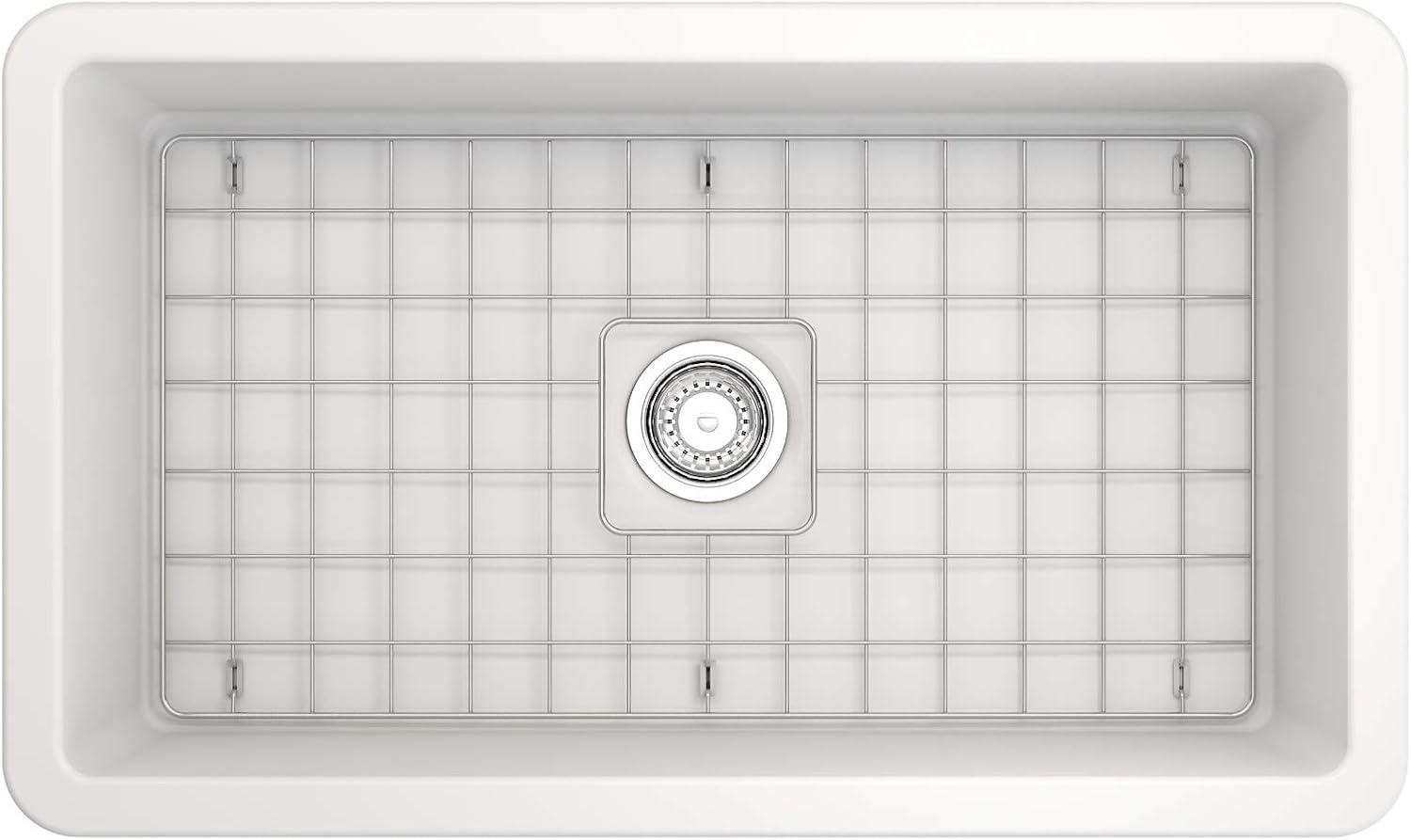 BOCCHI Sotto Undermount Fireclay 32 in. Single Bowl Kitchen Sink with Protective Bottom Grid and Strainer in Matte White