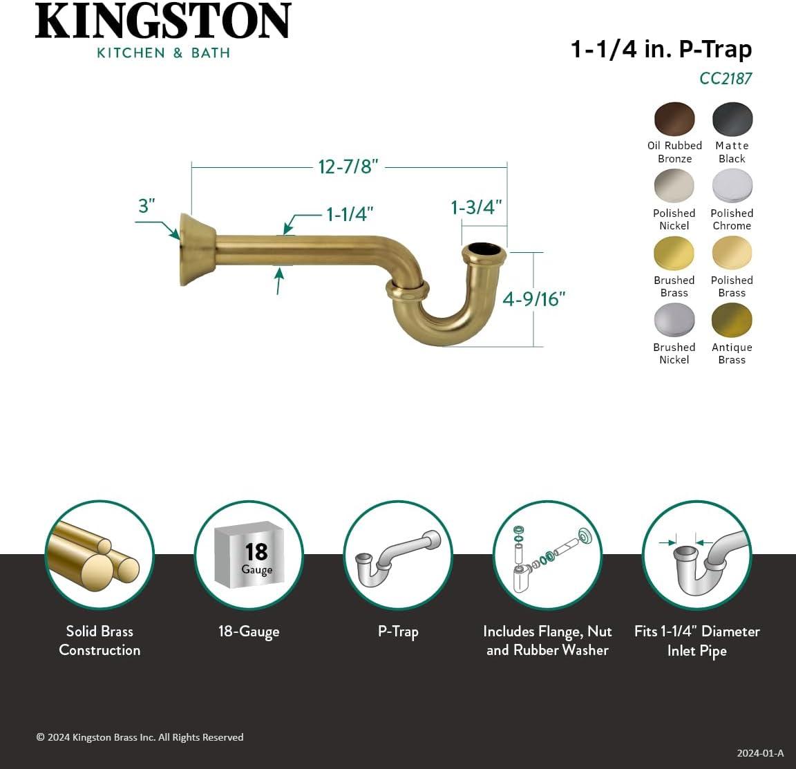 Kingston Brass Vintage 1-1/4 Inch Decor P-Trap, 18 Gauge