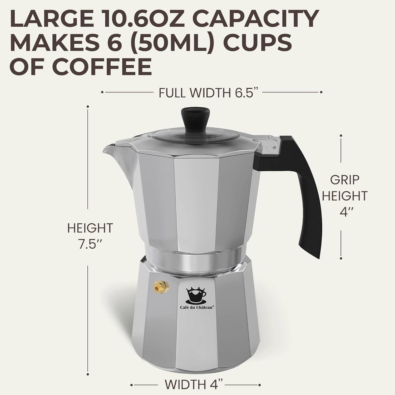 Espresso Maker by Cafe Du Chateau (313.5ml) Transparent Top Lid, High Gloss Finish, Free Coffee Clip Spoon, Coffee Percolator