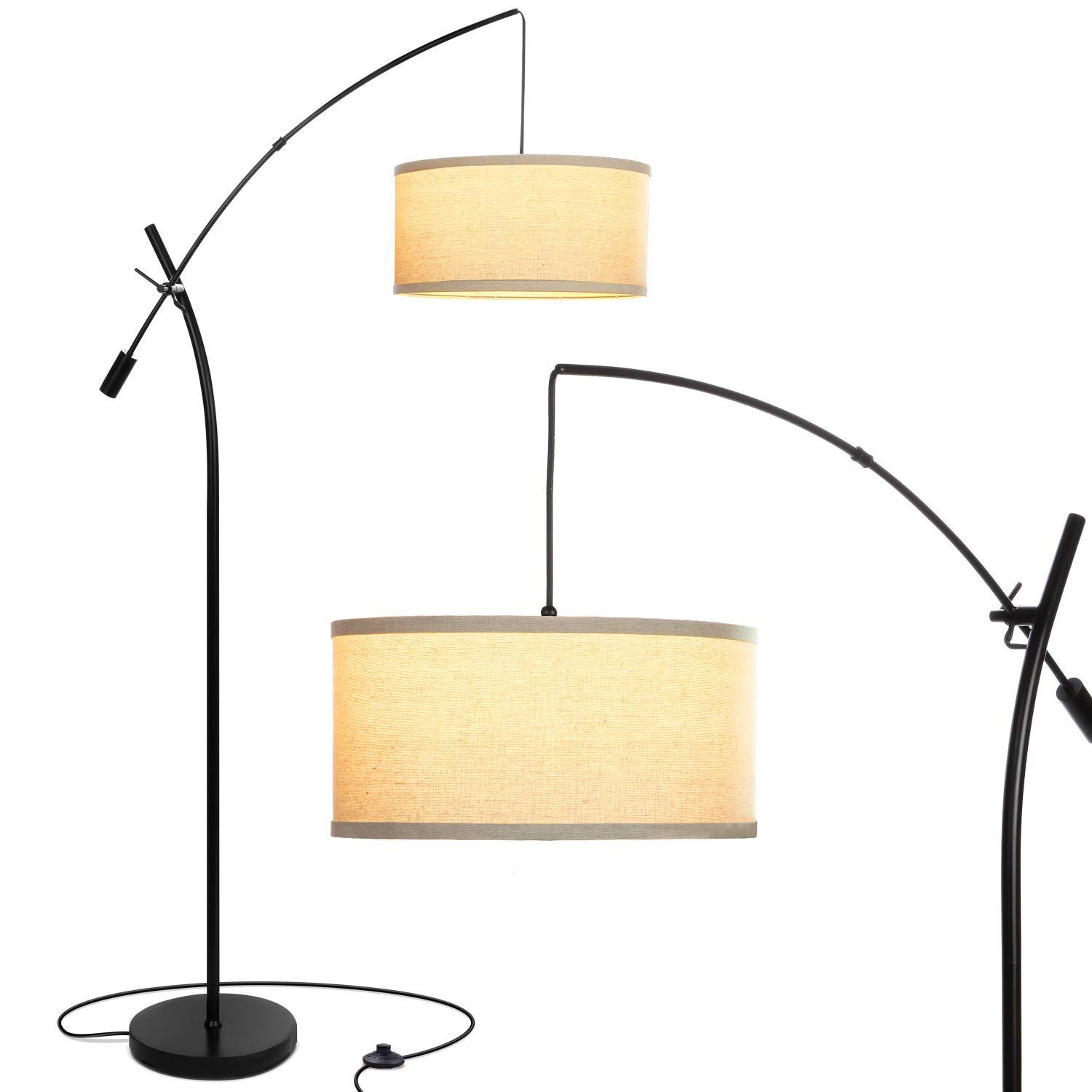 Brightech Grayson 84" Mid-Century Modern Height-Adjustable LED Arc Floor Lamp with Black Finish and Beige Cotton Fabric Drum Shade, Bulb Included