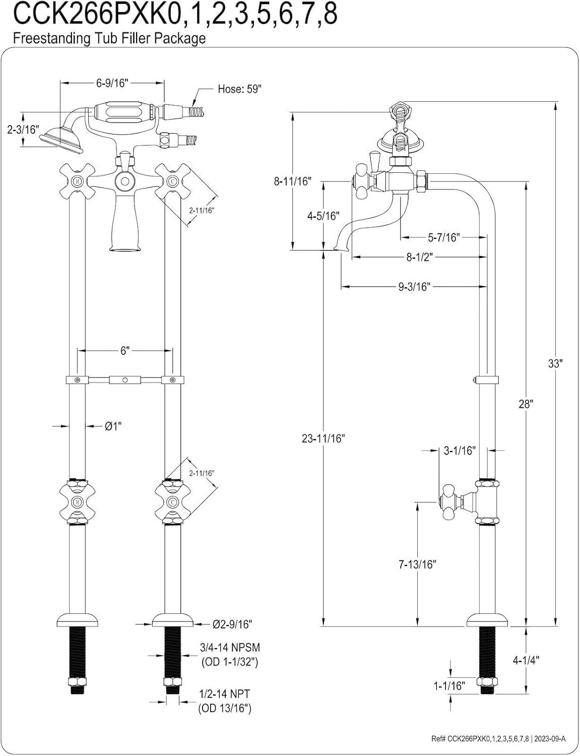 Kingston Brass CCK266PXK7 Kingston Brass Kingston Three-Handle 2-Hole Freestanding Clawfoot Tub Faucet Package with Supply Line and Stop Valve