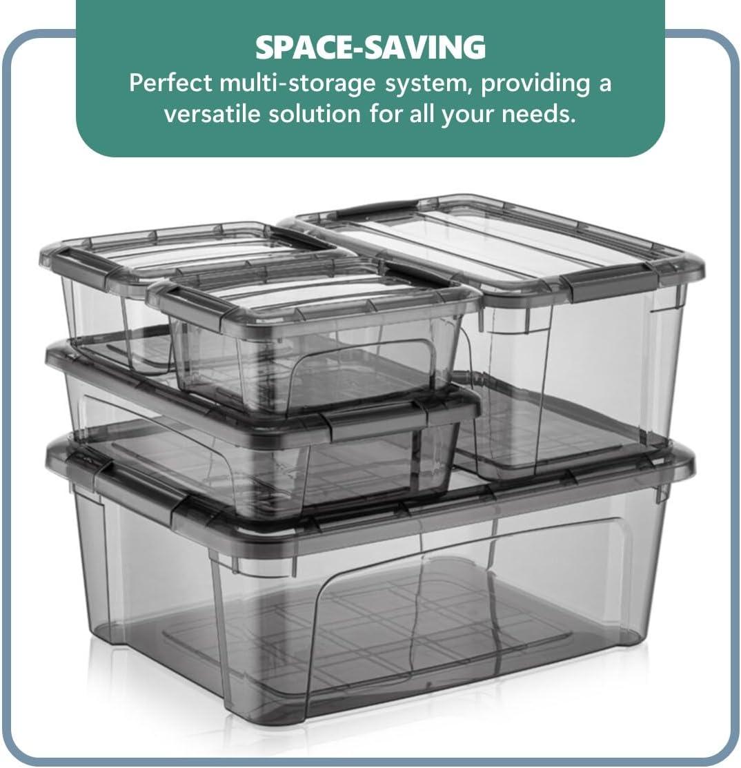 Tribello Small Storage Container Bin With Lids, 1.25Q Mini Plastic Storage Container With Latching Lids For Organizing - Tinted - (8’' x 6” x 3”) 1.25 Quart - Set of 6 - Made in EU