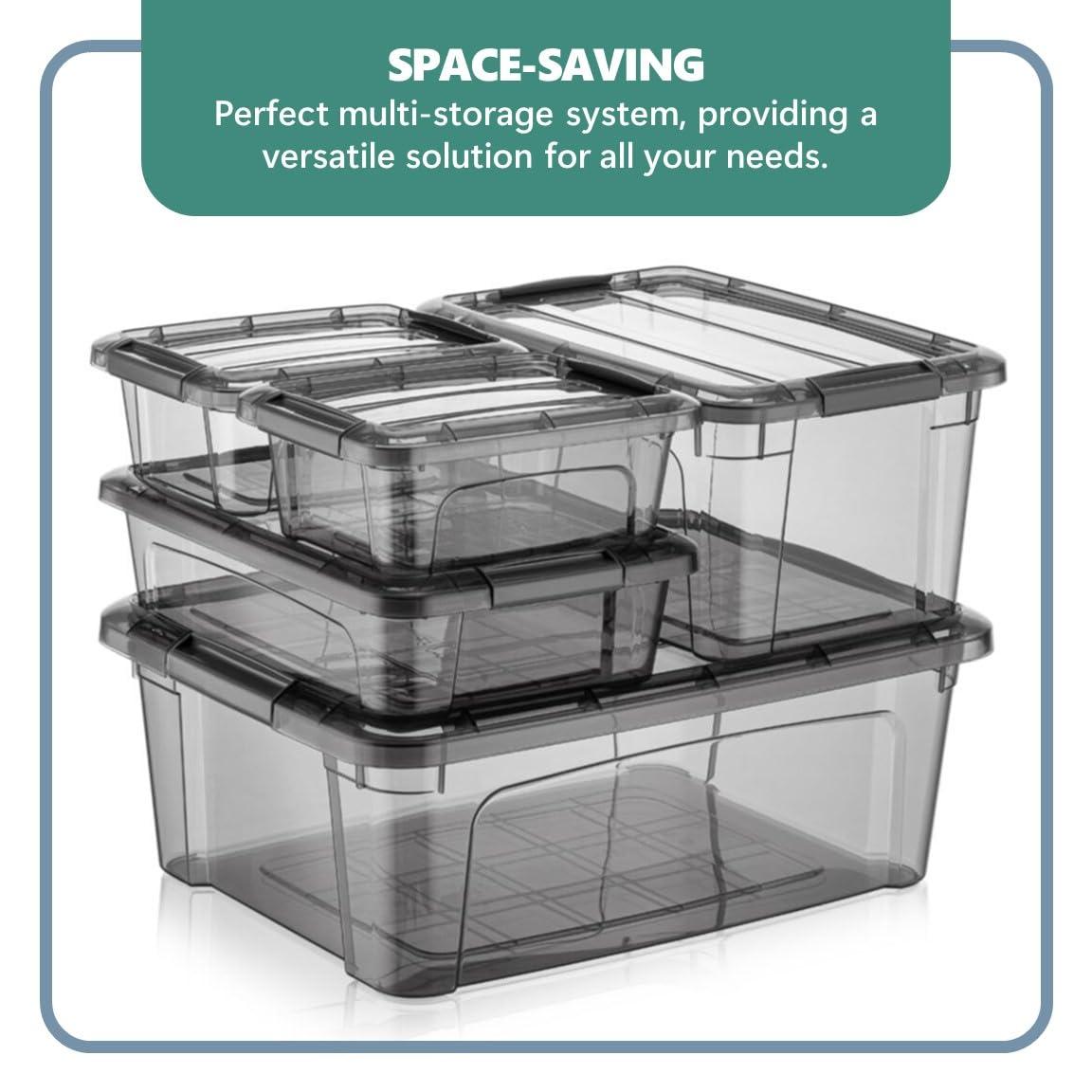 Tribello Small Storage Container Bin With Lids, 1.25Q Mini Plastic Storage Container With Latching Lids For Organizing - Tinted - (8’' x 6” x 3”) 1.25 Quart - Set of 6 - Made in EU