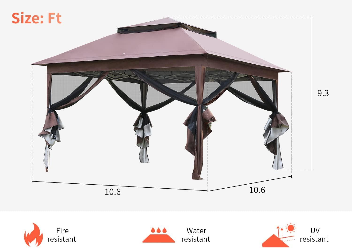 PayLessHere 10'x10' Pop up Gazebo Outdoor Canopy with Mosquito Netting Double Roof Tops ,Brown