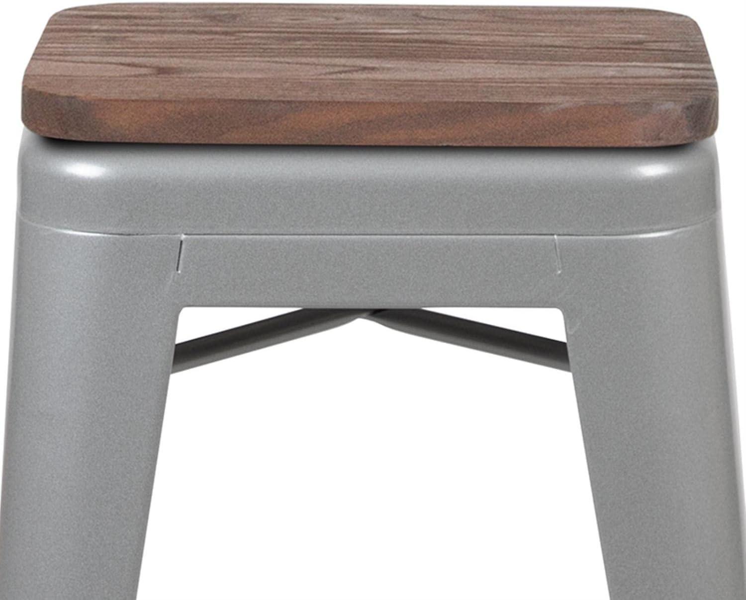 Flash Furniture 24" High Metal Counter-Height, Indoor Bar Stool with Wood Seat in Silver - Stackable Set of 4