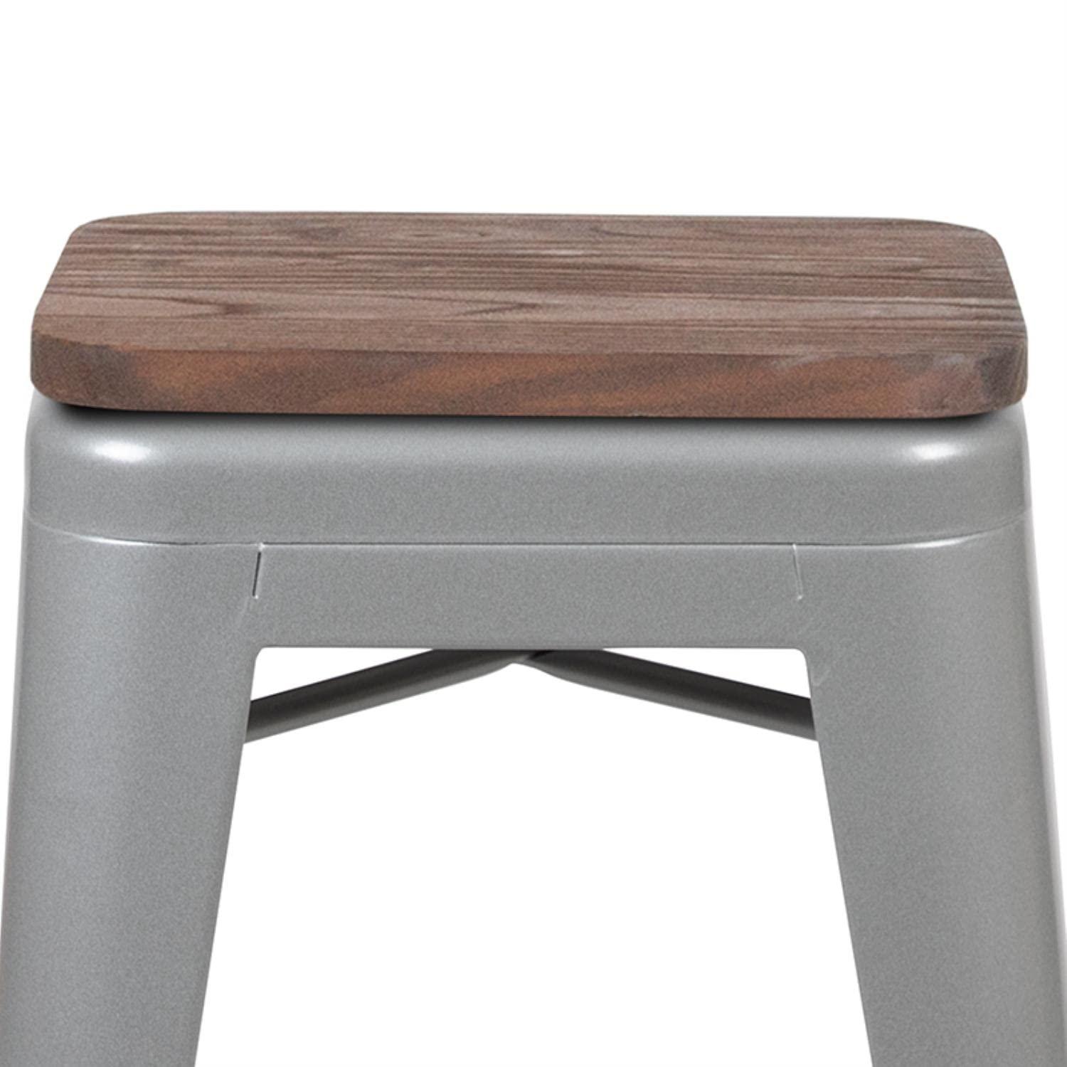 Flash Furniture 24" High Metal Counter-Height, Indoor Bar Stool with Wood Seat in Silver - Stackable Set of 4