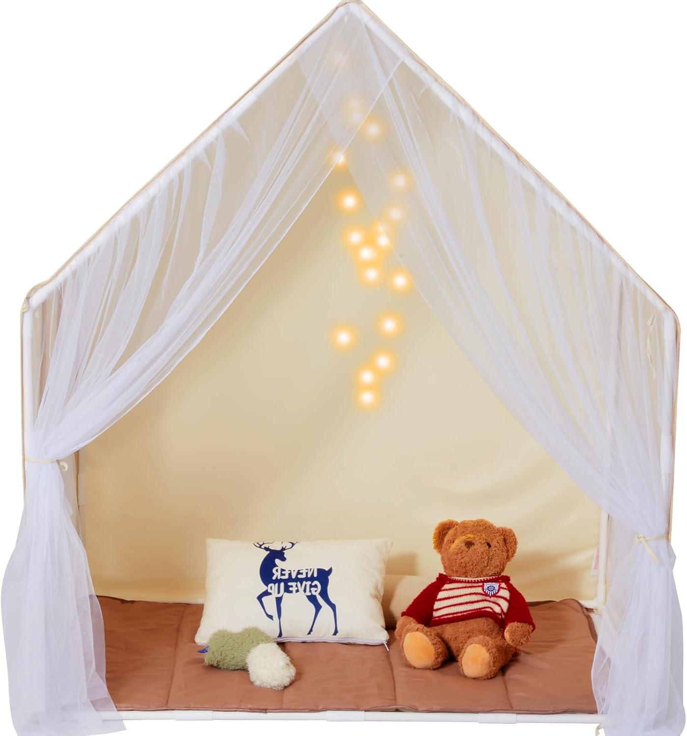 Beige Kids Play Tent with Mat and Light