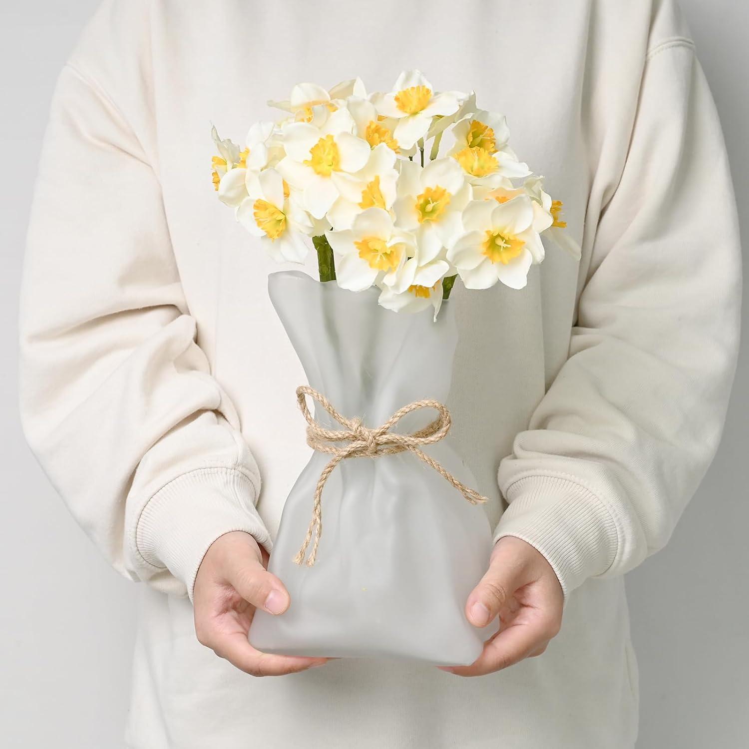 Frosted White Glass Bouquet Vase with Jute Rope