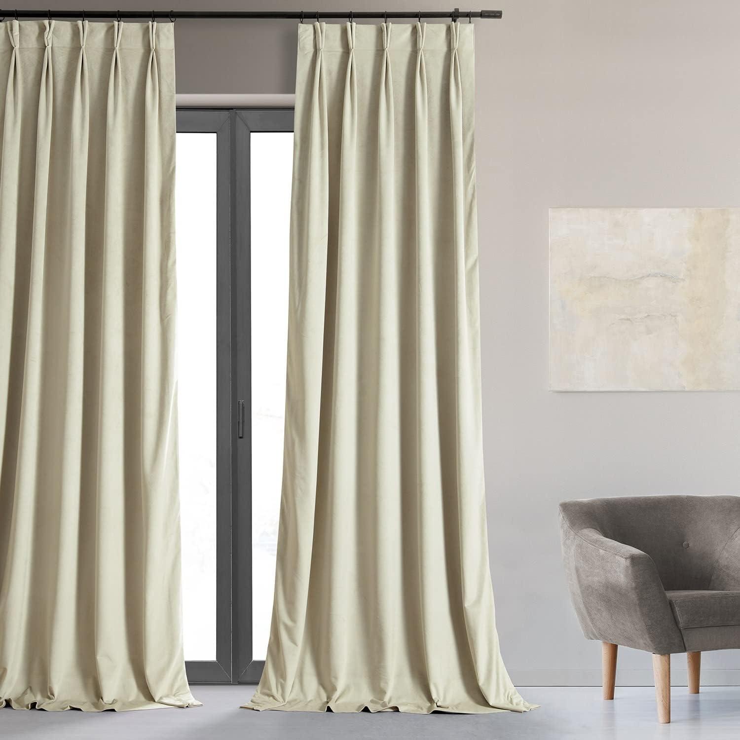 Signature Porcelain White Pleated Blackout Velvet Curtain (1 Panel), Porcelain White, 25W X 120L